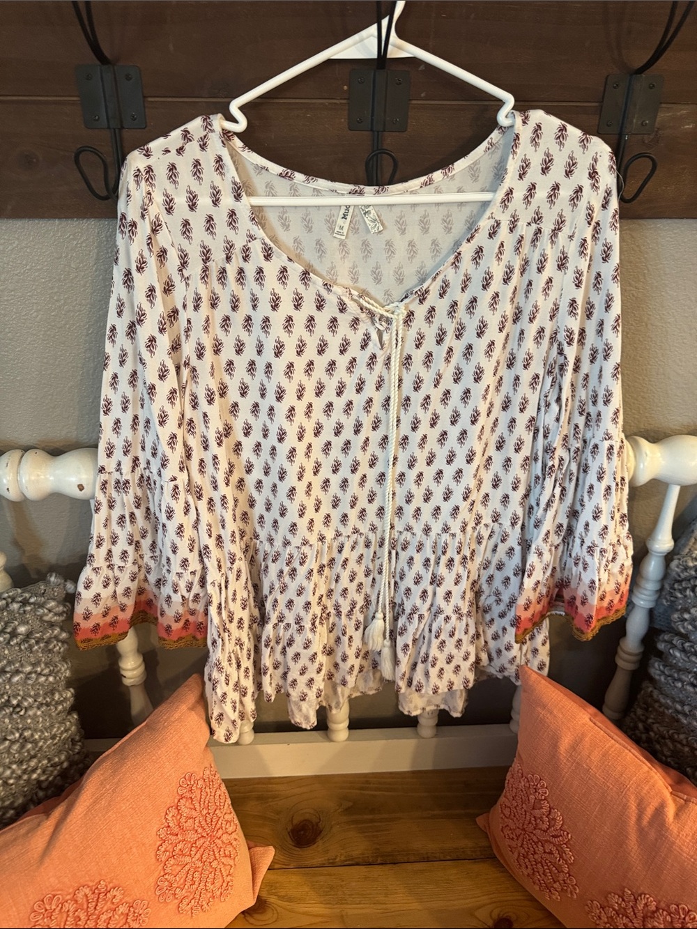 MUDD Boho Peasant Tie-Front Blouse in White with Coral Accent